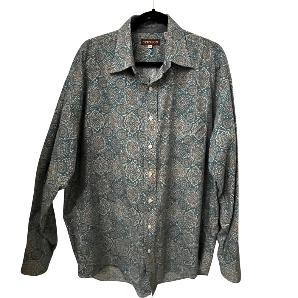 Stetson Mens XL Long Sleeve Button Down Shirt Teal Paisley Pattern Cotton